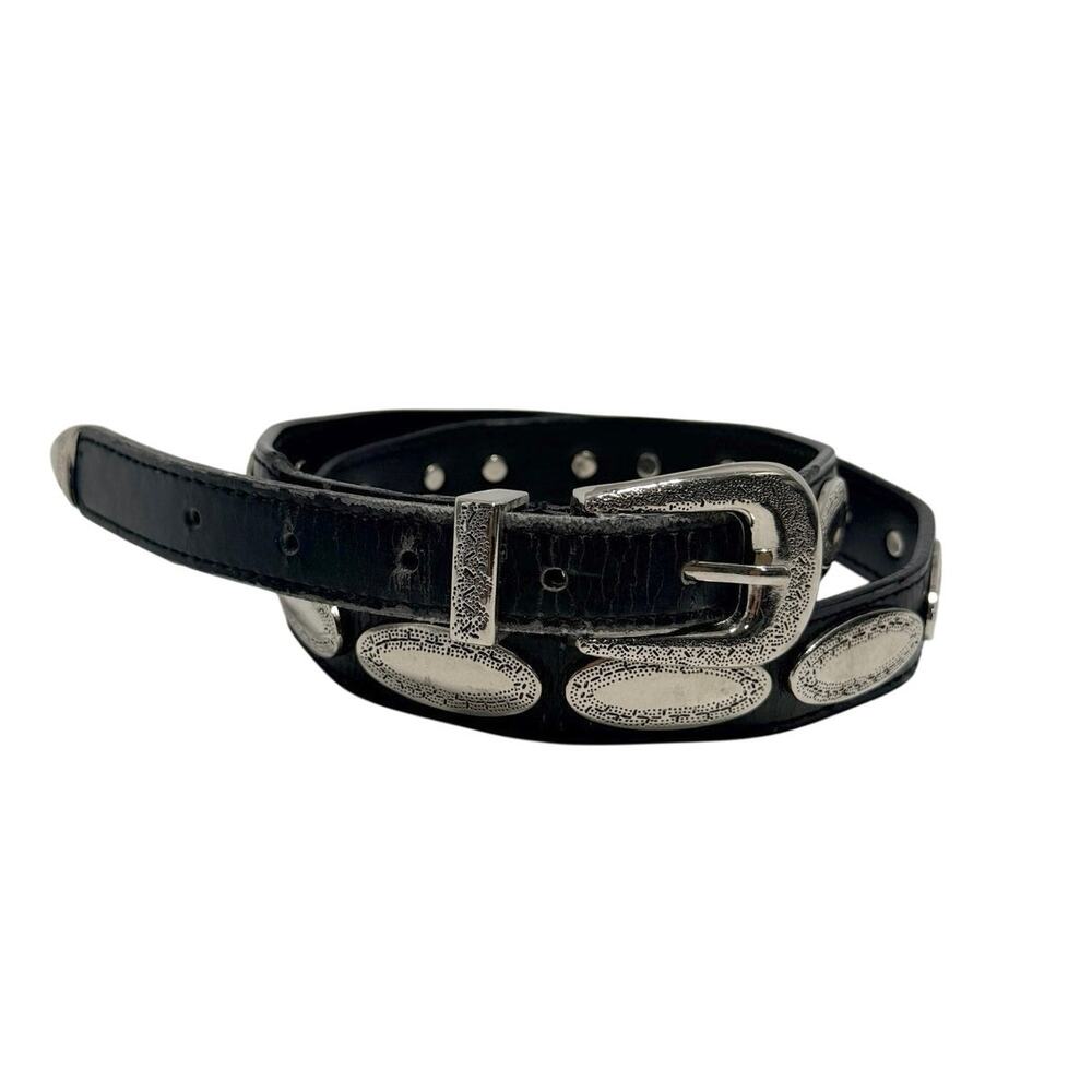 Vintage Lady Captiva Western Black Leather Belt L Silver Concho Buckle *flaw